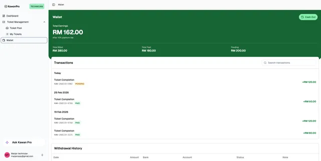 KawanPro wallet showing total earnings, transactions and withdrawal history